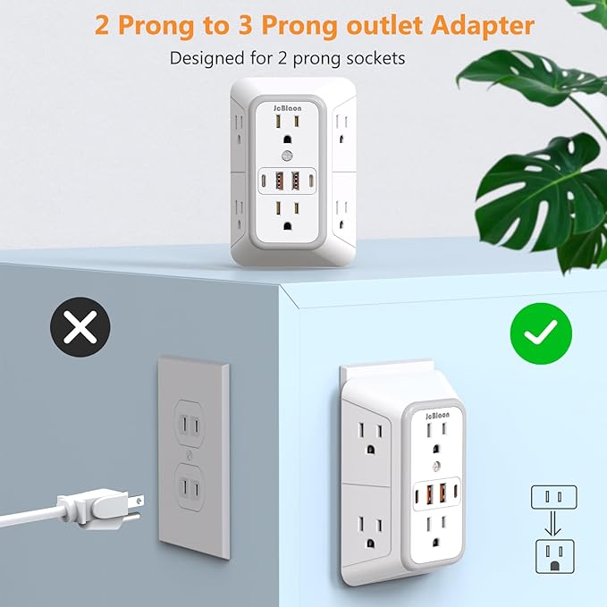 USB Wall Charger Power Strip Surge Protector with 4 USB Ports (2 USB C) Plug Extension Multiple Outlets Plug Extension Multi Outlet Plug in Adapter Spaced Outlets for Home Office Travel,White (White) - Image 7
