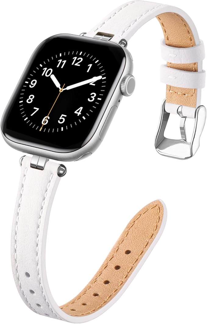 STIROLL Thin Leather Band Compatible with Apple Watch Bands 41mm 40mm 38mm 42mm(Series 11 10) Women, Stylish Top-Grain Leather Strap Slim Wristband for iWatch SE3/2/1 Series 9 8 7 6 5 4 3 2 1, White/Silver by STIROLLWatchBand