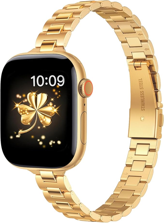 WFEAGL Slim Stainless Steel Band Compatible with Apple Watch 42mm 41mm 40mm 38mm Women, Elegant Dressy Jewelry Bracelet, Thin Lightweight Metal Strap for iWatch Series 11 10 9 8 7 6 5 4 3 2 1 SE, Gold by WFEAGL