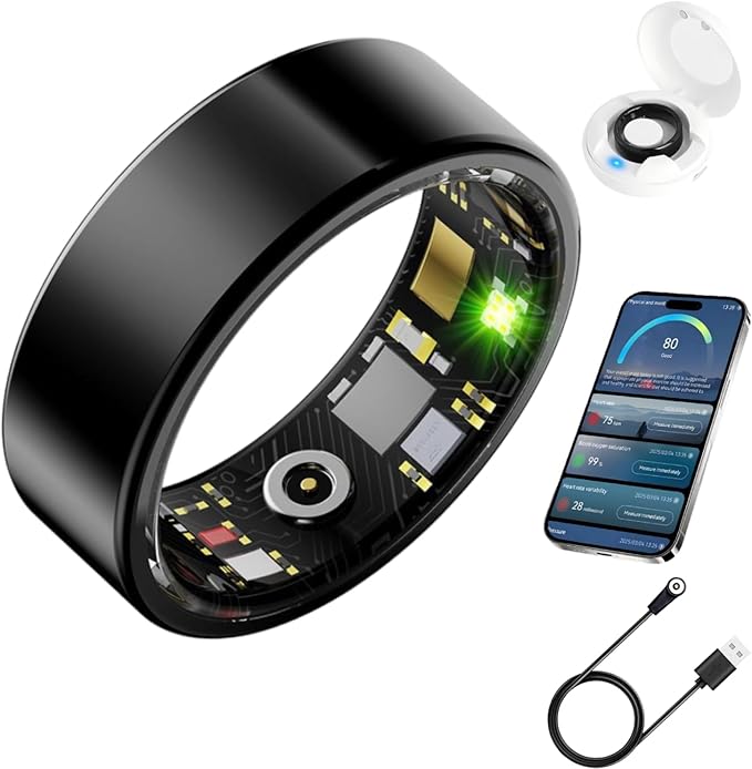 Smart Health Ring for Men Women, Fitness Tracker Ring with Heart Rate Blood Pressure SpO2 Sleep Monitoring, 100+ Sports, Slim Stainless Steel IP68, No Subscription, iOS Android (Black, 8) by BKWAT