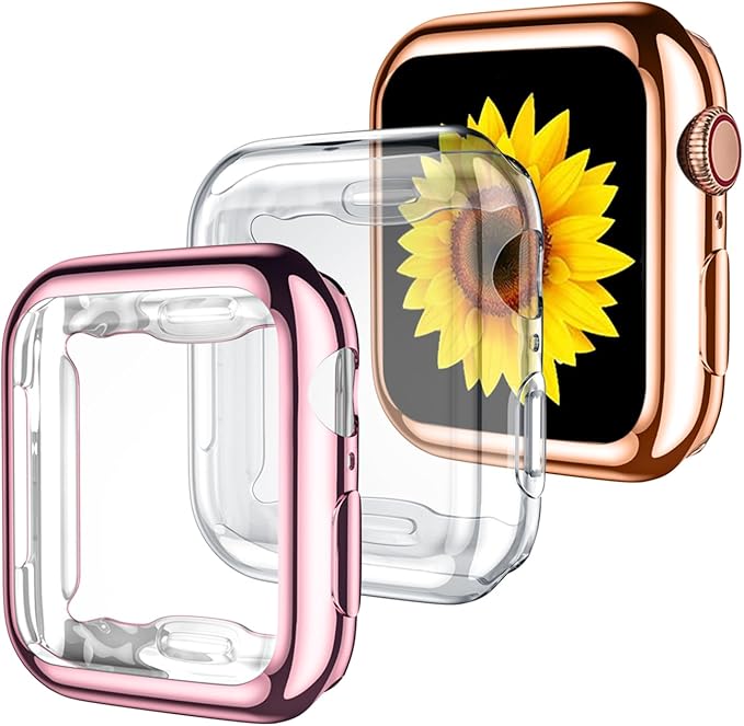 GEAK Compatible with Apple Watch Case 41mm, Soft HD High Sensitivity Apple Watch Screen Protector 41mm with TPU All Around Anti-Fall Protective Case Cover for iWatch Series 8/7 3Pack Clear/Gold/Pink by GEAK