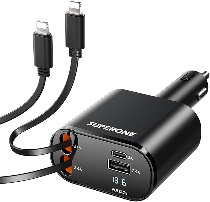 SUPERONE 4-in-1 Car Charger with Retractable Apple Cords, USB C Charger Car Adapter Compatible with iPhone 17/16/15/14/13/12/11 Pro Max Samsung Android Phones by SUPERONE