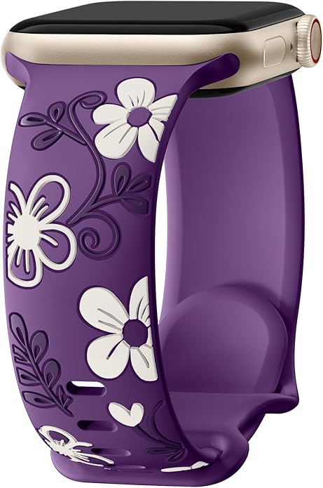 Witzon Floral Band Compatible with Apple Watch Bands For Women 40mm 41mm 38mm 42mm 44mm 45mm 46mm 49mm, Engraved Cute Flower Silicone Dressy Strap for iWatch Series 11 10 9 8 7 6 5 4 3 2 SE Ultra by Witzon