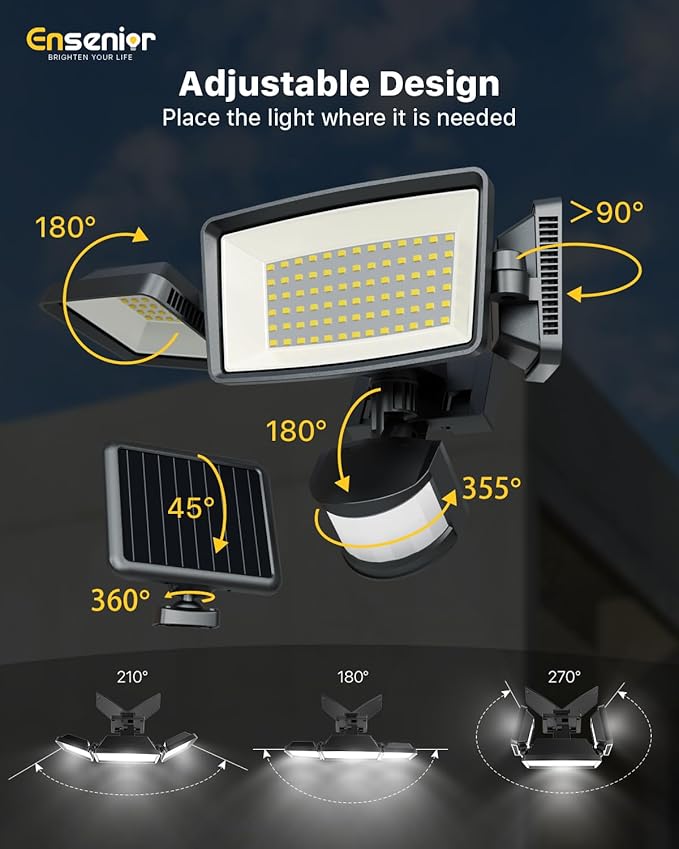 Ensenior 5 Motion Sensor Modes Solar Security Light, 1800LM 270° Wide Angle 3 Heads LED Flood Lights, IP65 Waterproof Wall Lights, Separate Solar Panel Remote Control Solar Lights Outdoor - Image 8