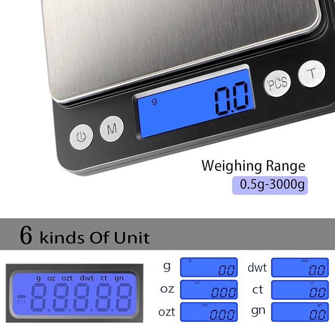 Fuzion Digital Kitchen Scale 3000g/ 0.1g, Pocket Food Scale 6 Units Conversion, Gram Scale with 2 Trays, LCD, Tare Function, Reptile Scale, Herb Scale(Battery Included) - Image 2
