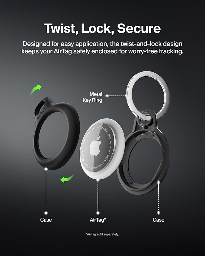 Belkin Apple AirTag Secure Holder with Key Ring - Durable Scratch Resistant Case With Open Face & Raised Edges - Protective AirTag Keychain Accessory For Keys, Pets, Luggage, Backpacks -2 Count Black - Image 4