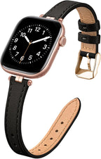 STIROLL Thin Leather Band Compatible with Apple Watch Bands 49mm 46mm 45mm 44mm 42mm (Series 3/2/1) Women, Stylish Top-Grain Leather Strap Slim Wristband for iWatch SE3/2/1 Series 10 9 8 7 6 5 4 Ultra, Black/Rose Gold by STIROLLWatchBand