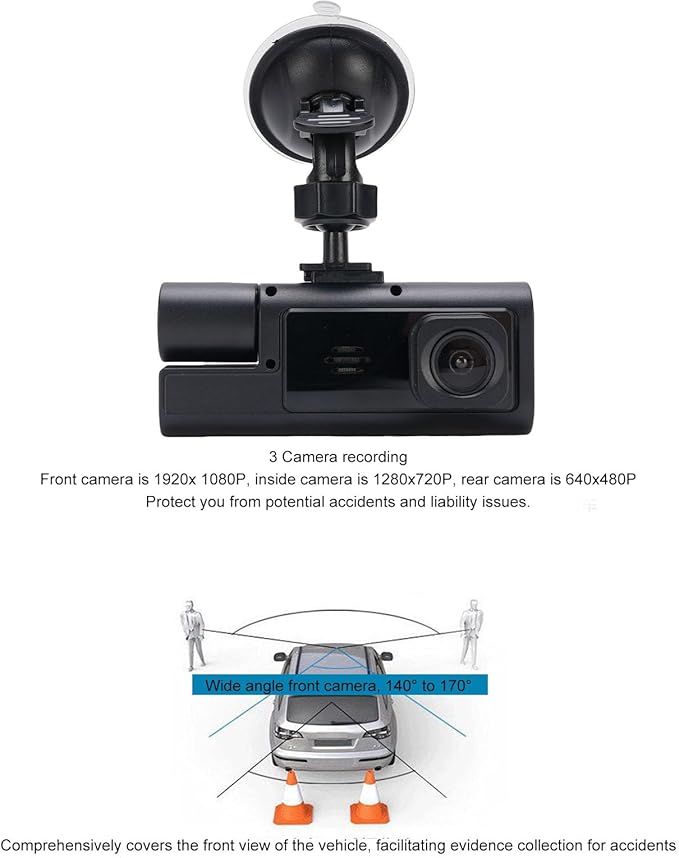 Zopsc 3 Channel Dash Cam Front Rear Inside, 1080P HD Triple Car Camera with WiFi, 170° Wide Angle, 2Inch LCD Screen, Parking Assistance, 32GB Card Included - Image 4