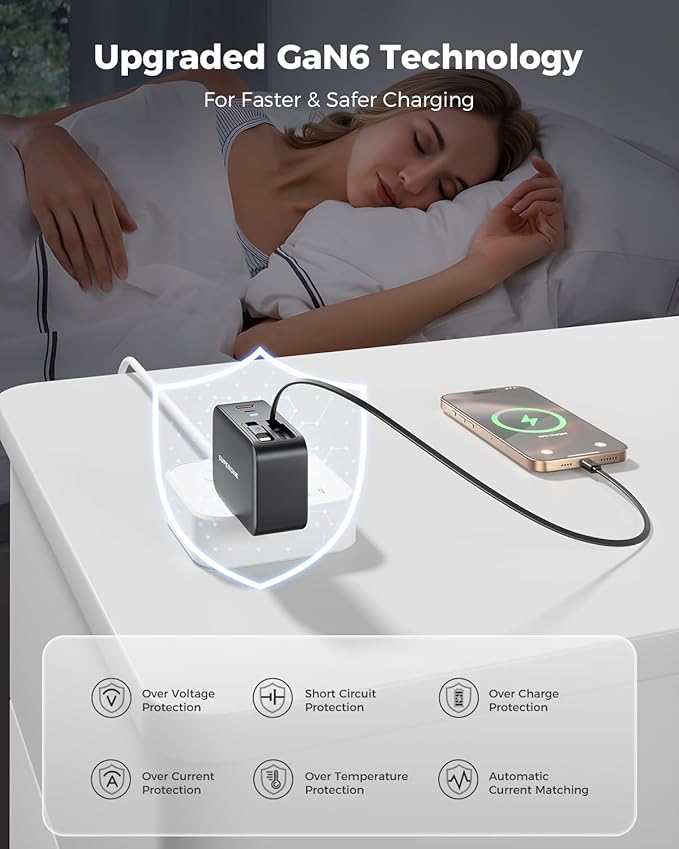 SUPERONE Retractable iPhone Charger, 4-Port USB C Charger Block, iPhone Chargers Fast Charging with Dual USB C Cable, Wall Chargers for iPhones 17/16/15/14/13/12/11 Series, Pad, Samsung, Pixel - Black - Image 7