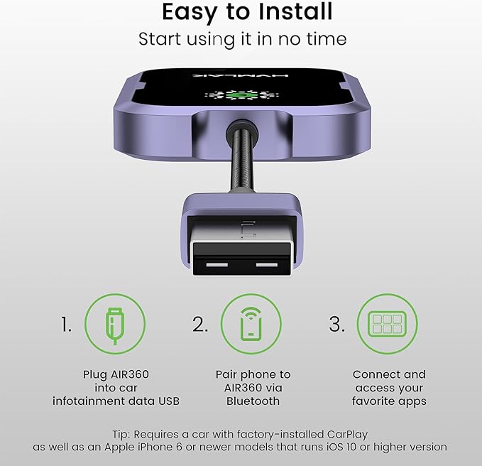 HVMLAK AIR360 Wireless CarPlay Adapter for iPhone, Bluetooth 5.4, WiFi 6.0, Metal Shell, Plug and Play, No Delay, Stable Connection, Fit for Cars with Built-in Wired CarPlay - Image 5