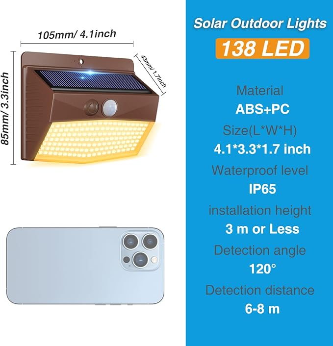 Peasur Solar Outdoor Lights, [2 Packs] Motion Sensor Security Lights with 3 Lighting Modes Wall Lights Waterproof Solar Powered Lights for Garden Yard, Brown Warm - Image 6