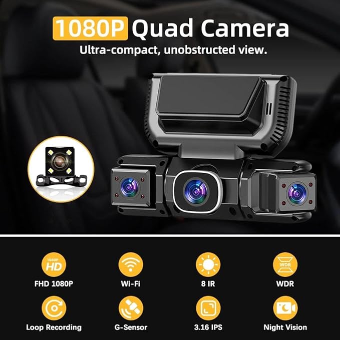 360° Car DVR WiFi 4 Channel Dash Cam Video Recorder, 1080P FHD Four Way Dashcam Front Rear Left Right, Vehicle Security Camera with Night Vision, Parking Mode, Loop Recording, App Control (1pcs) - Image 2