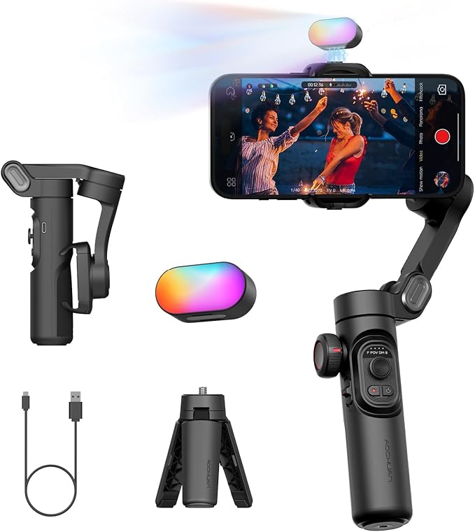 AOCHUAN 3-Axis Gimbal Stabilizer for iPhone Gimbal with RGB Magnetic Fill Light Upgraded Face Tracking Focus Wheel Foldable Smartphone for iPhone/Android Phone Stabilizer Vlog Recording Smart XE Kit by AOCHUAN