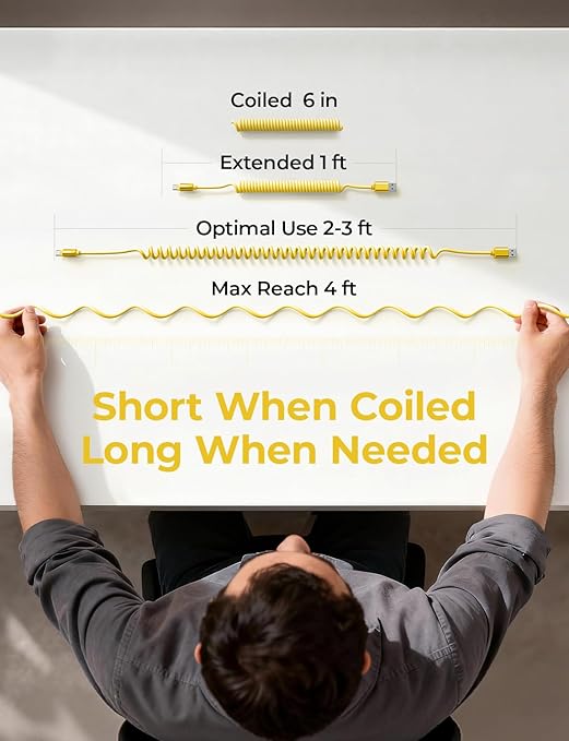LISEN Coiled USB C Cable, 2 Pack for Android Auto & CarPlay Cable, Short USB A to USB C Cable Compatible with iPhone 17/16/15, Samsung Galaxy S25/S24/S23 A15/A14, Google Pixel 9/8, Yellow 4FT - Image 6