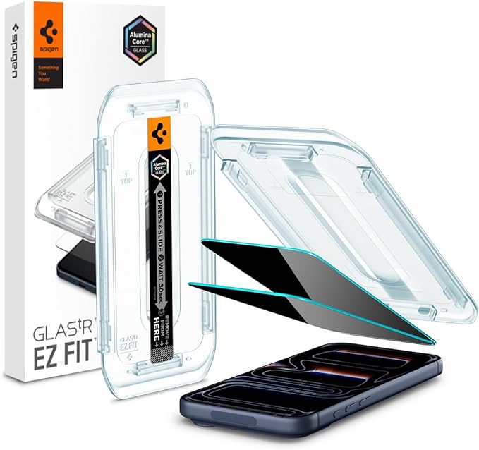 Spigen AluminaCore Tempered Glass Screen Protector [Glas.tR EZ Fit - Privacy] designed for iPhone 17 Pro | iPhone 17 | iPhone 16 Pro [2 Pack] 9H+ Hardness, Aluminum-Enhanced Durability | Tempered Glass, Privacy by Spigen