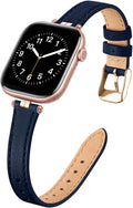 STIROLL Thin Leather Band Compatible with Apple Watch Bands 49mm 46mm 45mm 44mm 42mm (Series 3/2/1) Women, Stylish Top-Grain Leather Strap Slim Wristband for iWatch SE3/2/1 Series 10 9 8 7 6 5 4 Ultra, DarkBlue/Rosegold by STIROLLWatchBand