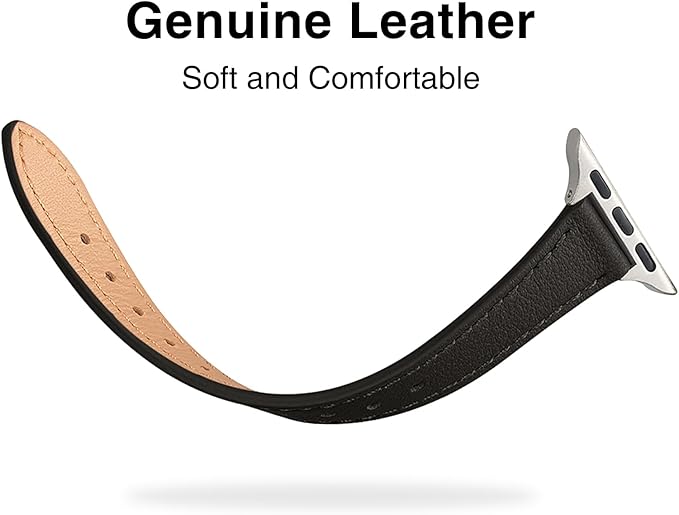 STIROLL Slim Leather Bands Compatible with Apple Watch Band 38mm 40mm 41mm 42mm(Series 11 10), Top Grain Leather Watch Thin Wristband for iWatch SE 9 8 7 6 5 4 3 2 1 (Black Silver) - Image 3