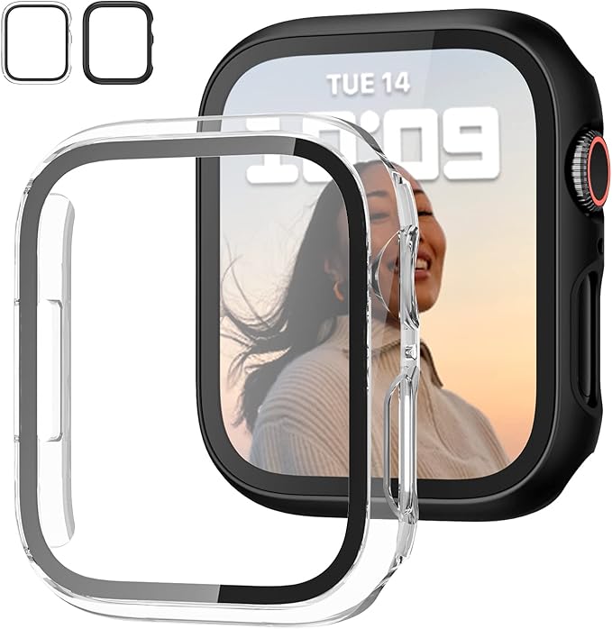 2 Pack Case with Tempered Glass Screen Protector for Apple Watch Series 9/8/7 45mm,JZK Slim Guard Bumper Full Hard PC Protective Cover HD Ultra-Thin Cover for iWatch 9 8 7 45mm Accessories,Black by JZK