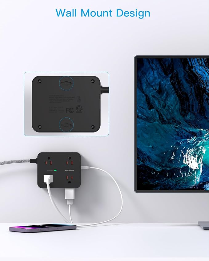 Power Strip Surge Protector 10 Ft Cord, HANYCONY Extension Cord Flat Plug with 8 Outlets 4 USB Ports(2 USB C), Wall Mount, Desk Charging Sation for Home Offcie - Image 6