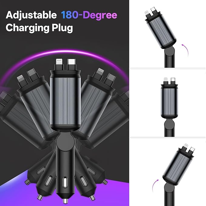 BERTHALESS Retractable Car Charger, 4 in 1 Fast Charging Car Charger USB-C & USB-A Compatible with iPhone 16/15/14/13/12/11,Galaxy,Pixel - Image 3