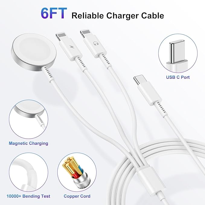 Upgraded USB C Charger for Apple Watch, 3 in 1 Phone and iWatch Magnetic Fast Charging Cable 6FT with USB-C Wall Charger, Compatible with Apple Watch Series 10/9/8/7/6/SE/5/4, for iPhone 14/13/12 - Image 4