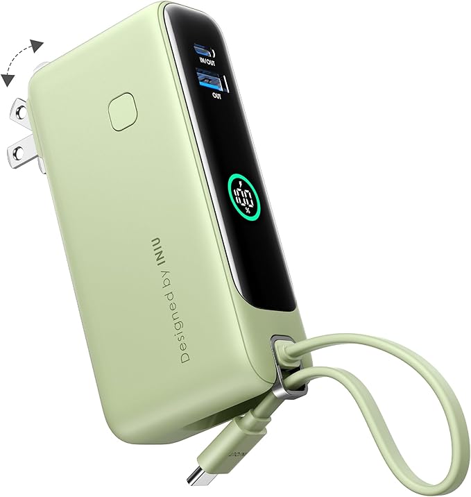 INIU 3-in-1 Portable Charger, Small 10000mah 30W Fast Charging Power Bank with Built-in USB C Cable and Foldable AC Plug, Flight Family Travel Essentials for College Students Teen Boys Girls, Green by INIU