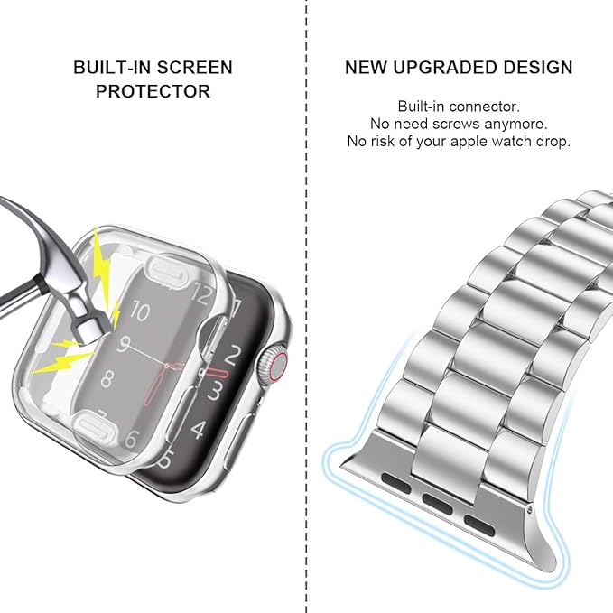 iiteeology Compatible with Apple Watch Bands 40mm Series 6 5 4 Se, Upgraded Stainless Steel Band with iWatch Screen Protector Case for Women Silver/Silver - Image 4