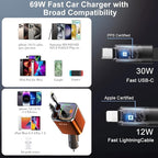 4 in 1 Retractable Car Charger,69W Cigarette Lighter Charger,USB C Fast Car Charger for iPhone 17 Pro Max 16 15 14 13 12 11 (for Apple+Type C &RGB Breathing Light [Orange]) - Image 2