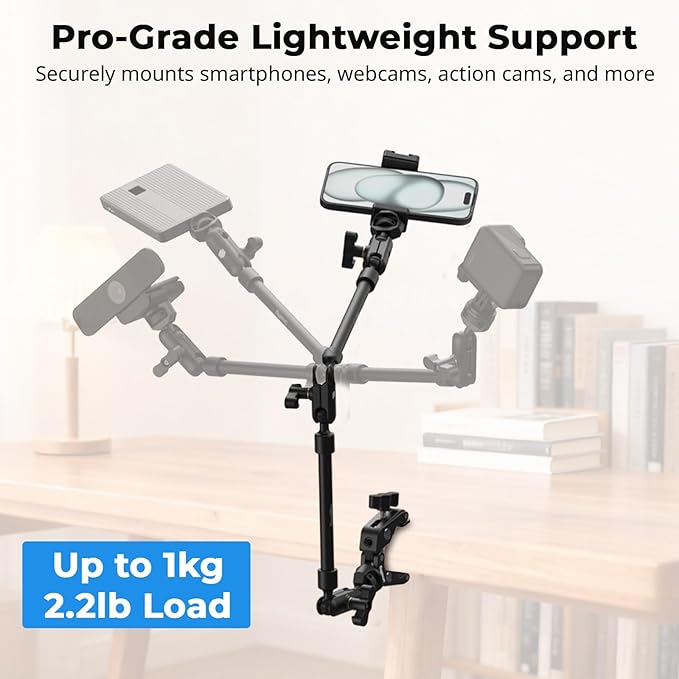 SmallRig 25.9" Magic Arm with Super Clamp, Overhead Phone Mount, Flexible Desk Camera Mount with 1/4" Screw and Cable Clip, Max Load 2.2lb, for iPhone, Action Camera, Video Light, Webcam, Mic - 5625 - Image 3