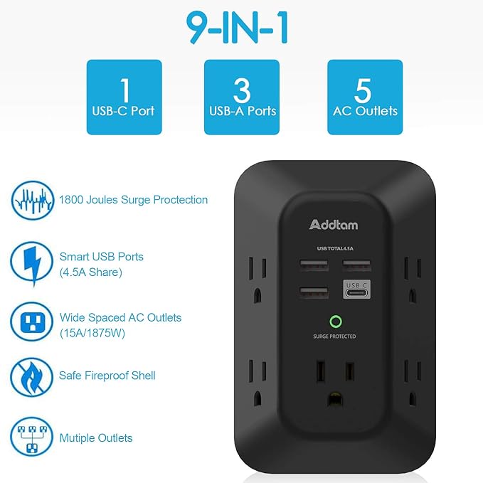 USB Wall Charger Surge Protector - Addtam 5 Outlet Extender with 4 USB Charging Ports (1 USB C), 3-Sided 1800J Power Strip Multi Plug Outlets Adapter Widely Spaced,Black - Image 2