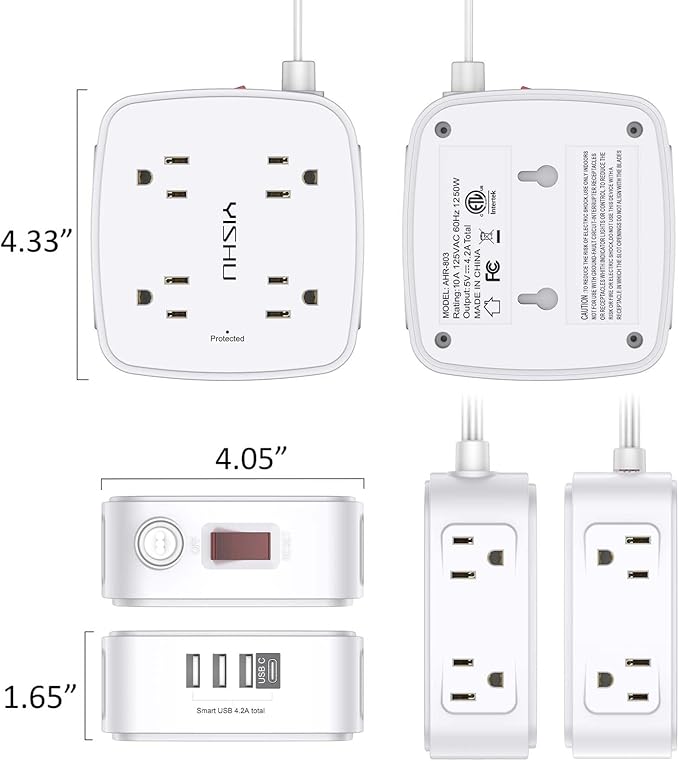 10 Ft Surge Protector Power Strip - YISHU 8 Widely Outlets with 4 USB Ports, 3 Side Outlet Extender with 10 Feet Flat Extension Cord, Ultra Flat Plug, Wall Mount, Desk USB Charging Station, ETL, White - Image 7