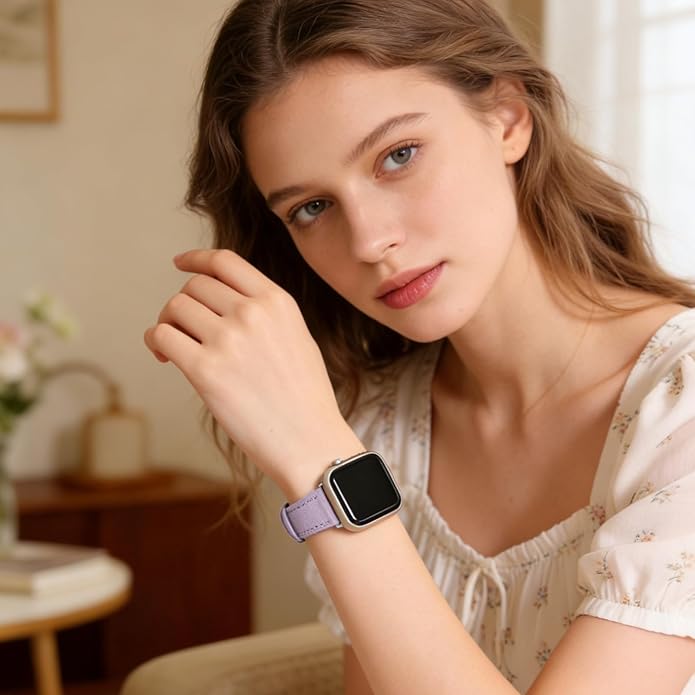 Soft French Goatskin Women Slim Leather Watch Band Compatible with Apple Watch 38mm 40mm 41mm 42mm 44mm 45mm 46mm 49mm, Thin Leather Strap Replacement for iWatch Series Ultra SE 10 9 8 7 6 5 4 3 2 1 - Image 2