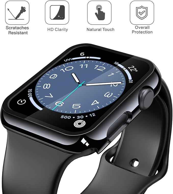 Misxi 2 Pack Tempered Glass Case Compatible for Apple Watch Series 3 Series 2 38mm, Hard PC Screen Protector Overall Protection Scratch-Resistant Cover for iWatch, 1 Jet Black + 1 Transparent - Image 3