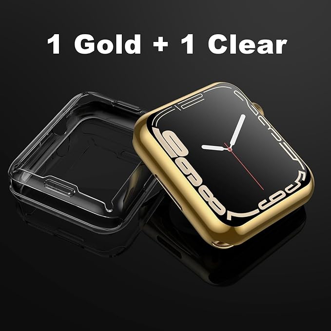 Julk [2 Pack] 45mm Gold Cover Soft Flexible TPU Anti-Scratch Lightweight Protective IWatch Case Built in Screen Protector Compatible with Apple Watch 9/8/7 - (1 Gold + 1 Transparent) - Image 2