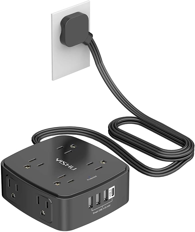 6 Ft Surge Protector Power Strip - YISHU 8 Widely Outlets with 4 USB Ports, 3 Side Outlet Extender with 6 Feet Flat Extension Cord, Ultra Flat Plug, Wall Mount, Desk USB Charging Station, ETL, Black by YISHU