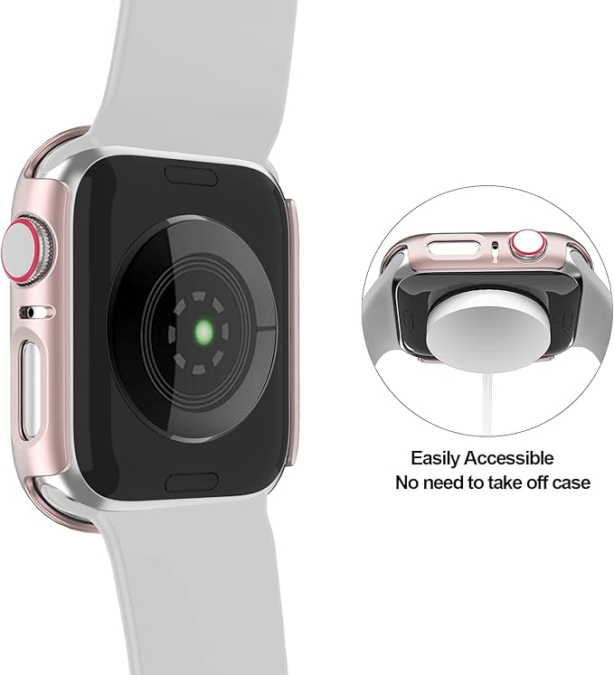 2 Pack Hard PC Case Compatible with Apple Watch Series 9/8/7 45mm, Case with Tempered Glass Screen Protector Overall Bubble-Free Cover for iWatch 9/8/7 Accessories, (Black+Rose Gold, 45mm) - Image 4