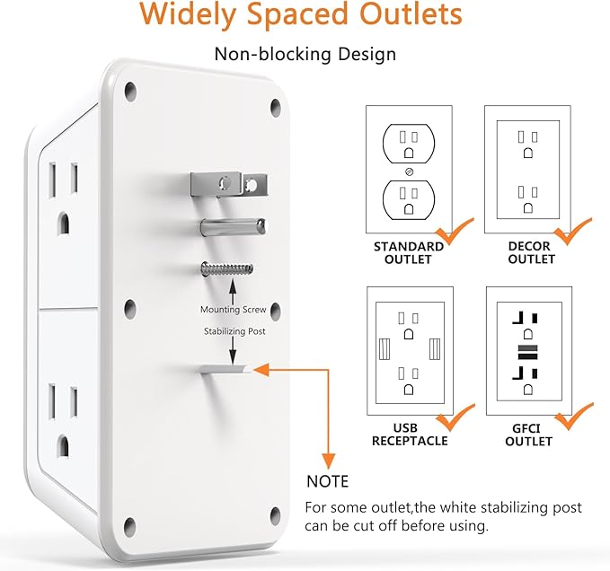 USB Wall Charger Power Strip Surge Protector with 4 USB Ports (2 USB C) Plug Extension Multiple Outlets Plug Extension Multi Outlet Plug in Adapter Spaced Outlets for Home Office Travel,White (White) - Image 6