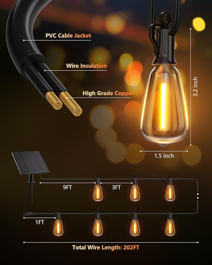 Brightown 202FT Solar String Lights Outdoor Waterproof with Remote, 65+2 LED Shatterproof Bulbs, Dimmable & Timable, 3 Light Modes - Commercial Grade Patio Lights for Garden Backyard Party Decor - Image 6