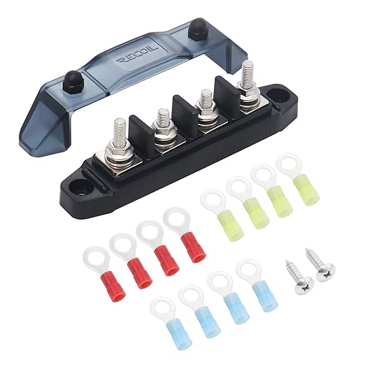 Recoil BBSPG4 Discrete 4 Position Barrier Strip Bus Bar 4 x M5 Studs Terminals Power Distribution Block Busbar with Ring Terminals by Recoil