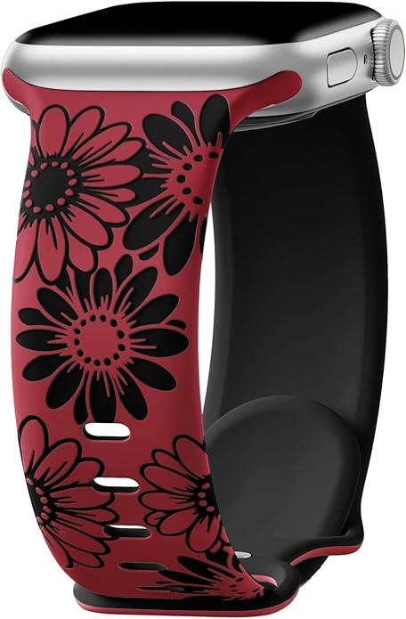 DaQin Floral Engraved Band Compatible with Apple Watch Bands for Women 40mm 41mm 42mm 44mm 45mm 46mm 38mm, Cute Two-Tone Flower Soft Silicone Sport Strap for iWatch Series 11 10 9 8 7 6 5 4 3 2 1 SE by DaQin