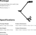 SMALLRIG Desktop Magic Arm Support with Crab-Shaped Clamp Kit, Aluminum Alloy, 24.3x4.5x1.1 in, 0.6lb Payload, for Smartphones, Webcams, Action Cameras, 5624 - Image 8
