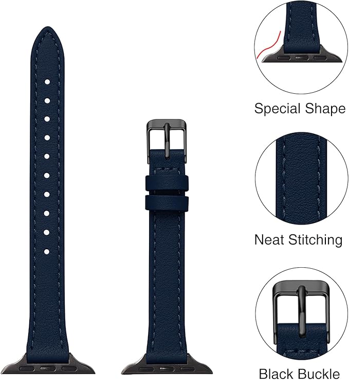 STIROLL Slim Leather Bands Compatible with Apple Watch Band 49mm 46mm 45mm 44mm 42mm(Series 3 2 1), Top Grain Leather Watch Thin Wristband for iWatch Ultra SE Series 10 9 8 7 6 5 4(Navy Black) - Image 2