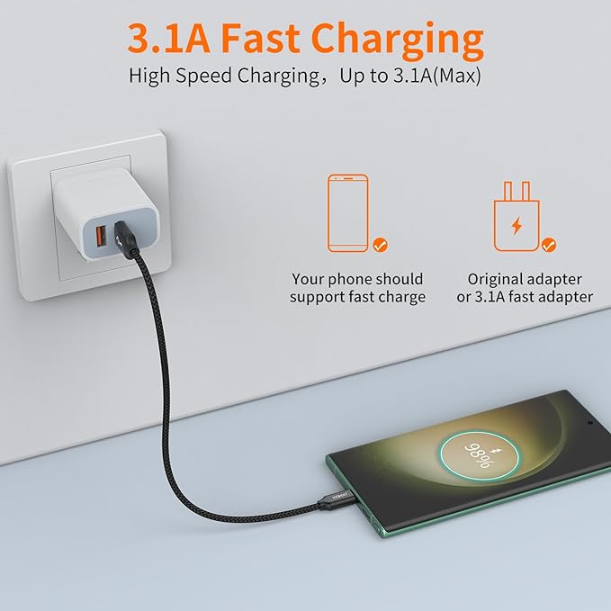 JXMOX Short USB C Cable (1ft 3-Pack), USB A to Type-C Charger Cord 3.1A Fast Charging Compatible with iPhone 15 16 Pro Max, Samsung Galaxy S22 S21 S20 S10 S9, Note 10, A80 A70 A50, Power Bank (Black) - Image 4