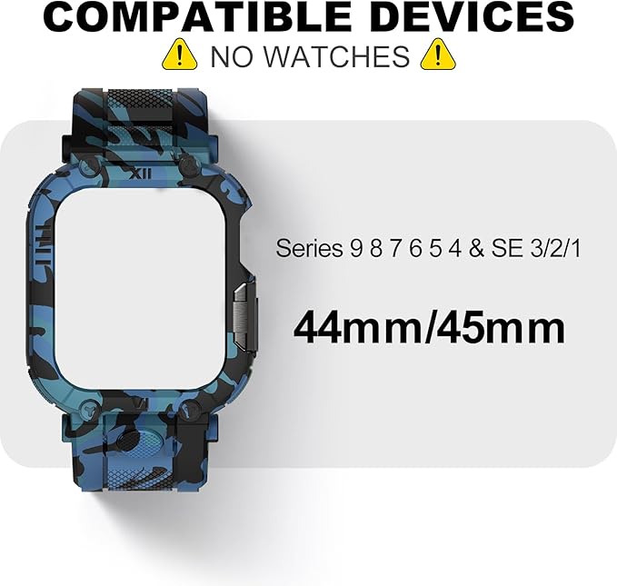 XYF Sport Smartwatch Cases with Band for Men, Rugged Shockproof Protective Metal Bumper Case,Compatible with Apple Watch 45mm 44mm Series 9/8/7/6/5/4/SE 3/2/1 Wristband (44/45mm,Camouflage/Blue) - Image 2