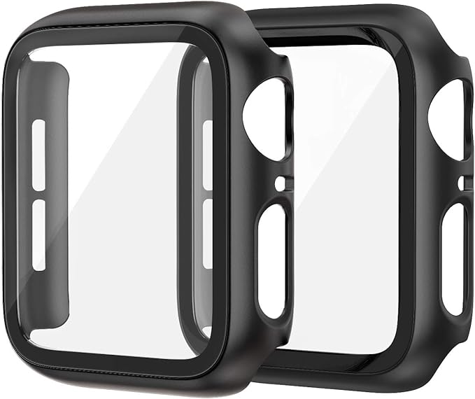 EDIMENS 2 Pack Hard PC Case Compatible with Apple Watch Series 6 / SE / 5/4 44mm Women Men, Overall PC Case Slim Tempered Glass Screen Protector Protective Cover for Apple iWatch 44mm SE Black by EDIMENS