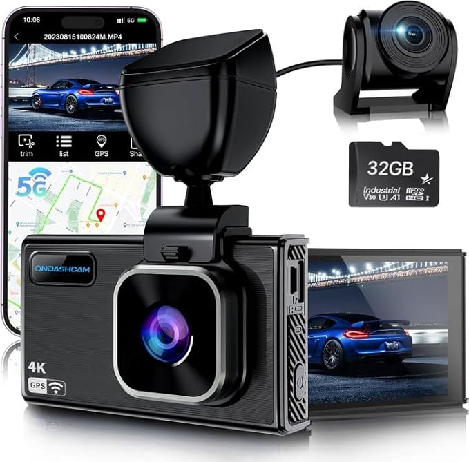 Dash Cam Front and Rear, 4K/2.5K Dual Dash Camera for Cars, 32GB Card Included, Dashcam Built-in Night Vision, 3.5" IPS, 5G WiFi & GPS, G-Sensor, 170° Wide Angle, WDR, 24H Parking Mode by ONDASHCAM