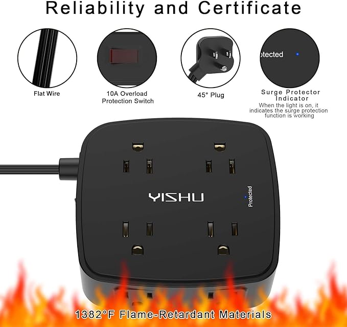 10 Ft Surge Protector Power Strip - YISHU 8 Widely Outlets with 4 USB Ports, 3 Side Outlet Extender with 10 Feet Flat Extension Cord, Ultra Flat Plug, Wall Mount, Desk USB Charging Station, ETL, Black - Image 6