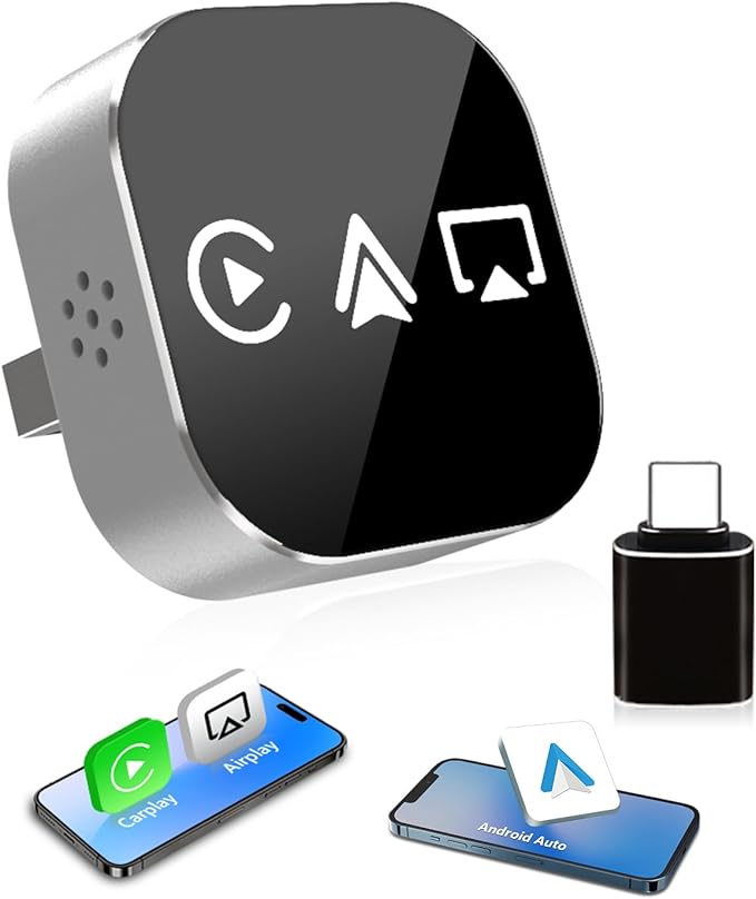 3-in-1 Mini Wireless CarPlay Adapter (2025 Upgraded)-Built-in Wired Carplay/Android Auto for Airplay,Plug&Play,Fast Auto-Reconnect,Bluetooth 5.0,USB/Type-C,iOS10+&Android 11+(Silver) by XGUCarRadio