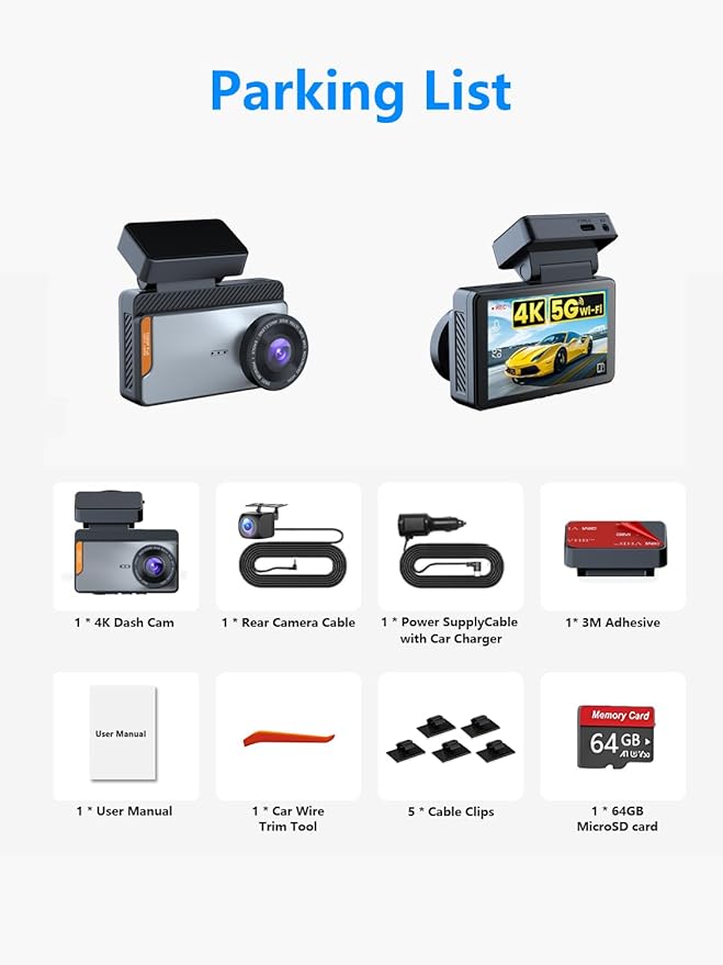 4K Dual Channel Dash Cam Front and Rear, Free 64GB Card Included, 5.8GHz WiFi Dash Camera for Cars, Built-in GPS, G-Sensor, 170°Wide Angle, 3" IPS Screen, 24H Parking Mode, Support 512GB Max - Image 8