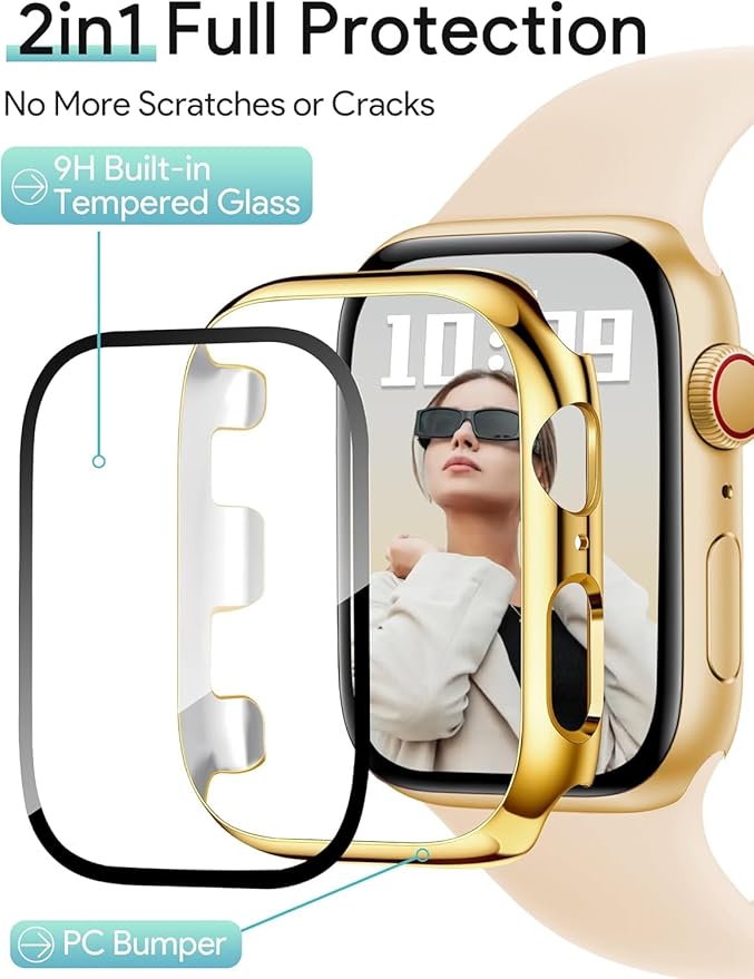 JR.DM 42mm 2 Pack Hard PC Case with HD Tempered Glass Screen Protector for Apple Watch Series 3/2/1, Guard Bumper Full Coverage Protective Anti-Scratch Face Cover for iWatch, Glossy Gold+Clear - Image 3